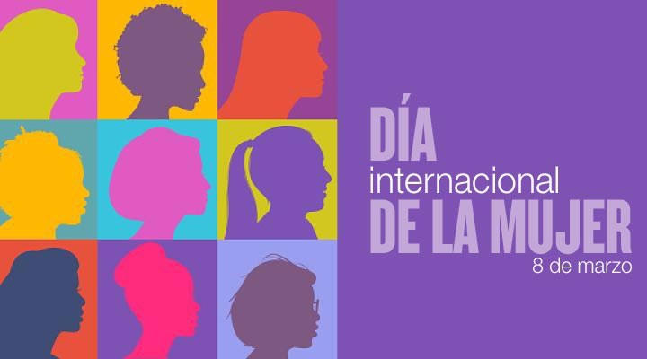 gráfico de colores con siluetas de mujeres de perfil y el texto " Día Internacional de la Mujer 8 de marzo"