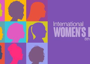gráfico de colores con siluetas de mujeres de perfil y el texto " Día Internacional de la Mujer 8 de marzo"