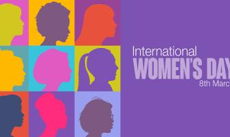 gráfico de colores con siluetas de mujeres de perfil y el texto " Día Internacional de la Mujer 8 de marzo"