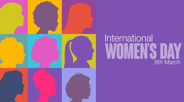 colorful graphic of women's side profile silhouettes and the text "International Women's Day March 8th"