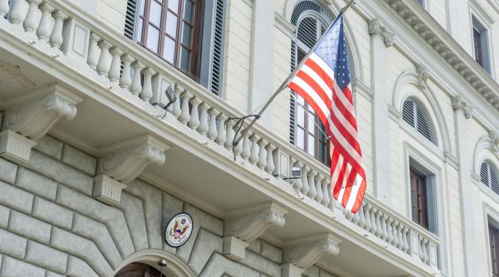 American Flag hanging in a consulate building