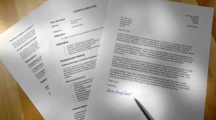 Printed written examples of a resume and cover letter with fictional information